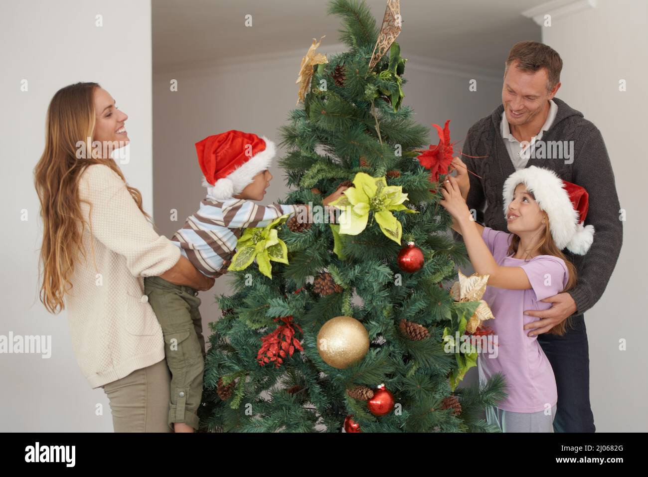 Getting ready for the holidays. Shot of a young boy decorating a christmas tree along with his family. Stock Photo