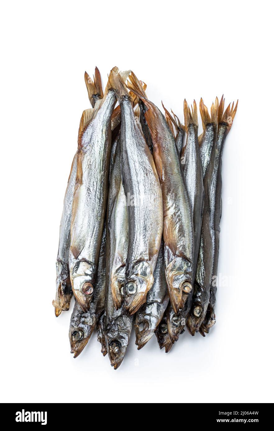 Smoked  dry capelin isolated on white background Stock Photo