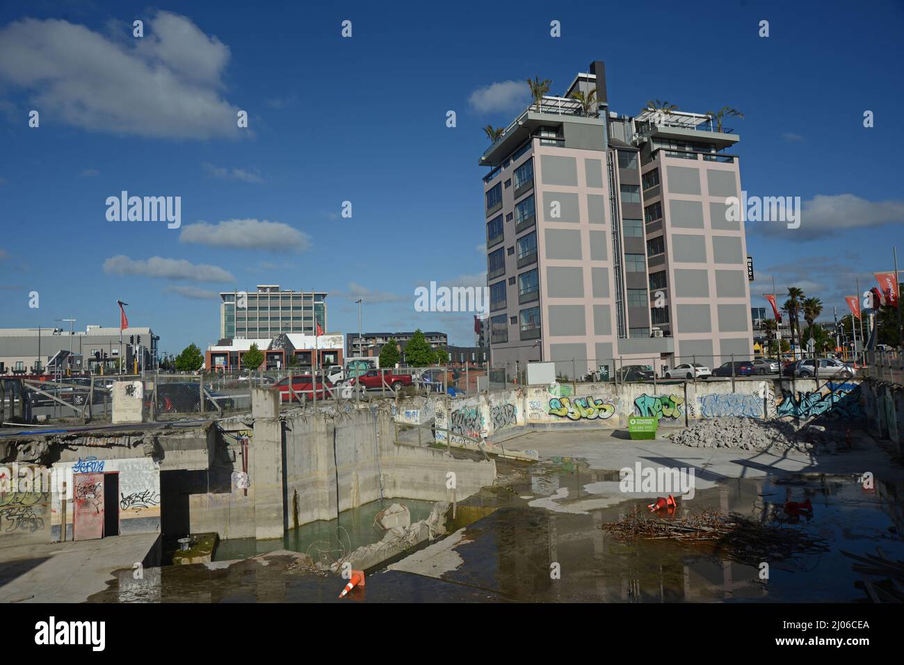 CHRISTCHURCH, NEW ZEALAND, FEBRUARY 24, 2022: An inner city block with foundations of a demolished building awaits a buyer and further development during the Christchurch rebuild, 11 years after the city was devestated by an earthquake. Stock Photo