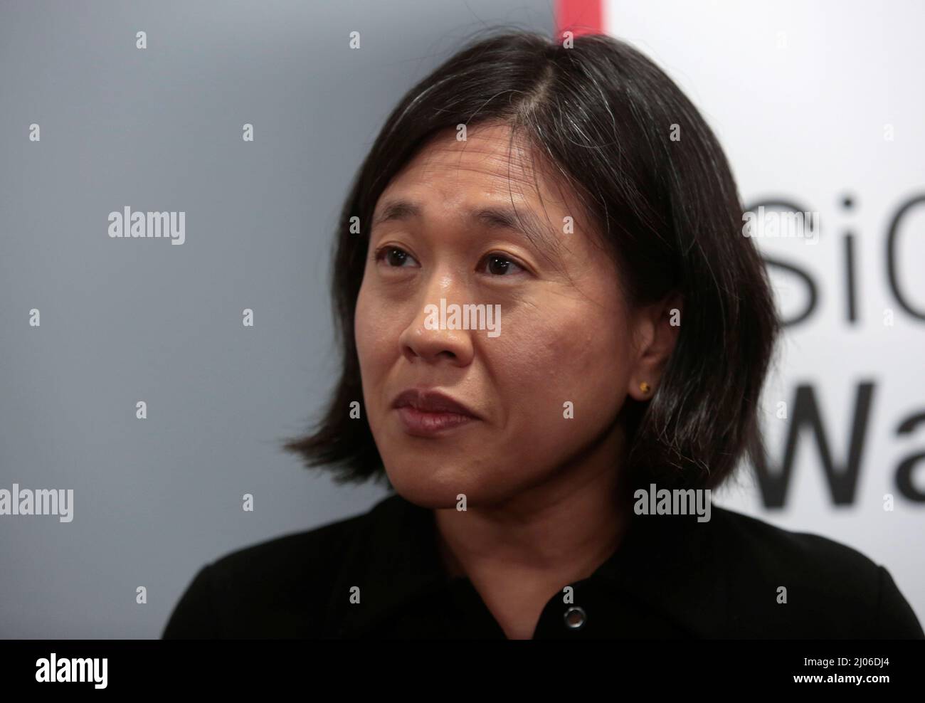 Ambassador Katherine Tai, U.S. Trade Representative, addresses the media following a tour of a silicon wafer plant being expanded by South Korean semiconductor manufacturer SK Siltron CSS in Bay City, Michigan, U.S., March 16, 2022.   REUTERS/Rebecca Cook Stock Photo