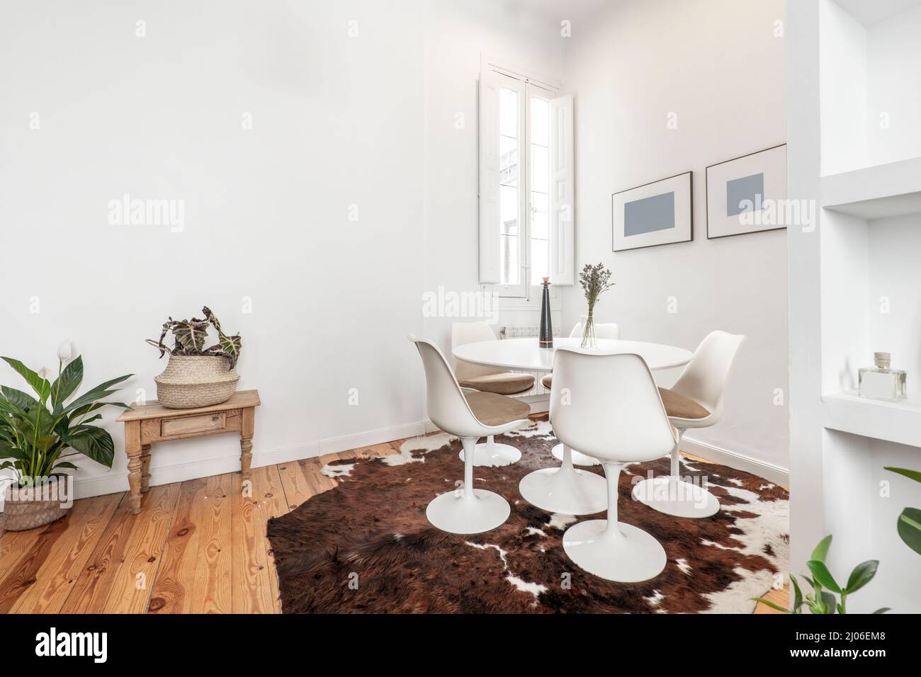 Corner with a round dining table with matching chairs on a cowhide on pine floorboards Stock Photo