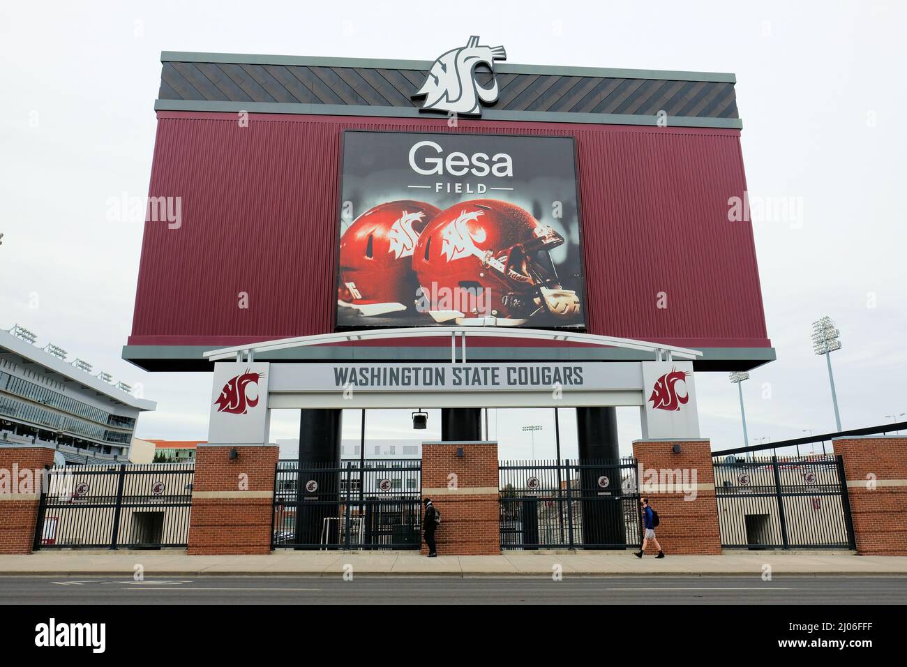 Gesa Field sign at Martin Stadium, on the campus of Washington State University in Pullman, Washington, USA; WSU Cougars; football stadium. Stock Photo