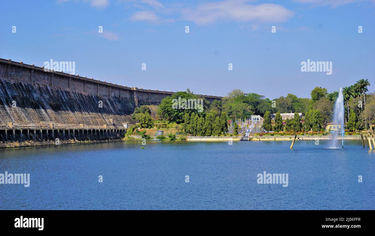 Beautiful landscape view of KRS Dam view from Brindavan Gardens. Perfect picnic spot or weekend gateway for people of Bangalore, Mysore Stock Photo