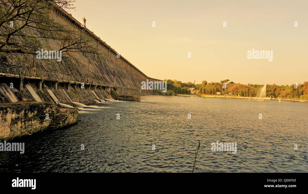 Beautiful landscape view of KRS Dam view from Brindavan Gardens. Perfect picnic spot or weekend gateway for people of Bangalore, Mysore Stock Photo