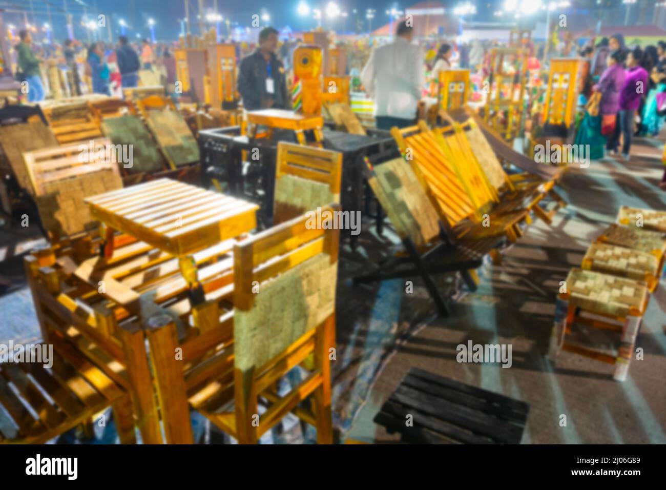 Blurred image of Kolkata, West Bengal, India. Wooden furnitures
