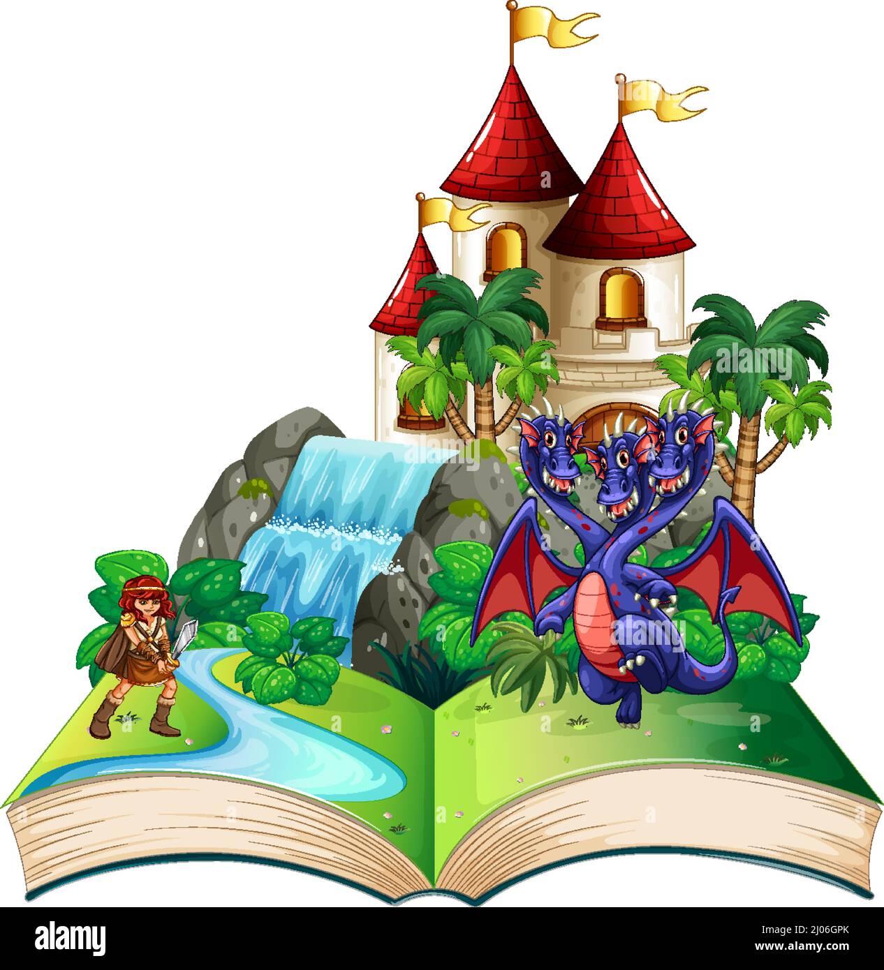 Book with scene of dragon and knight by castle illustration Stock ...