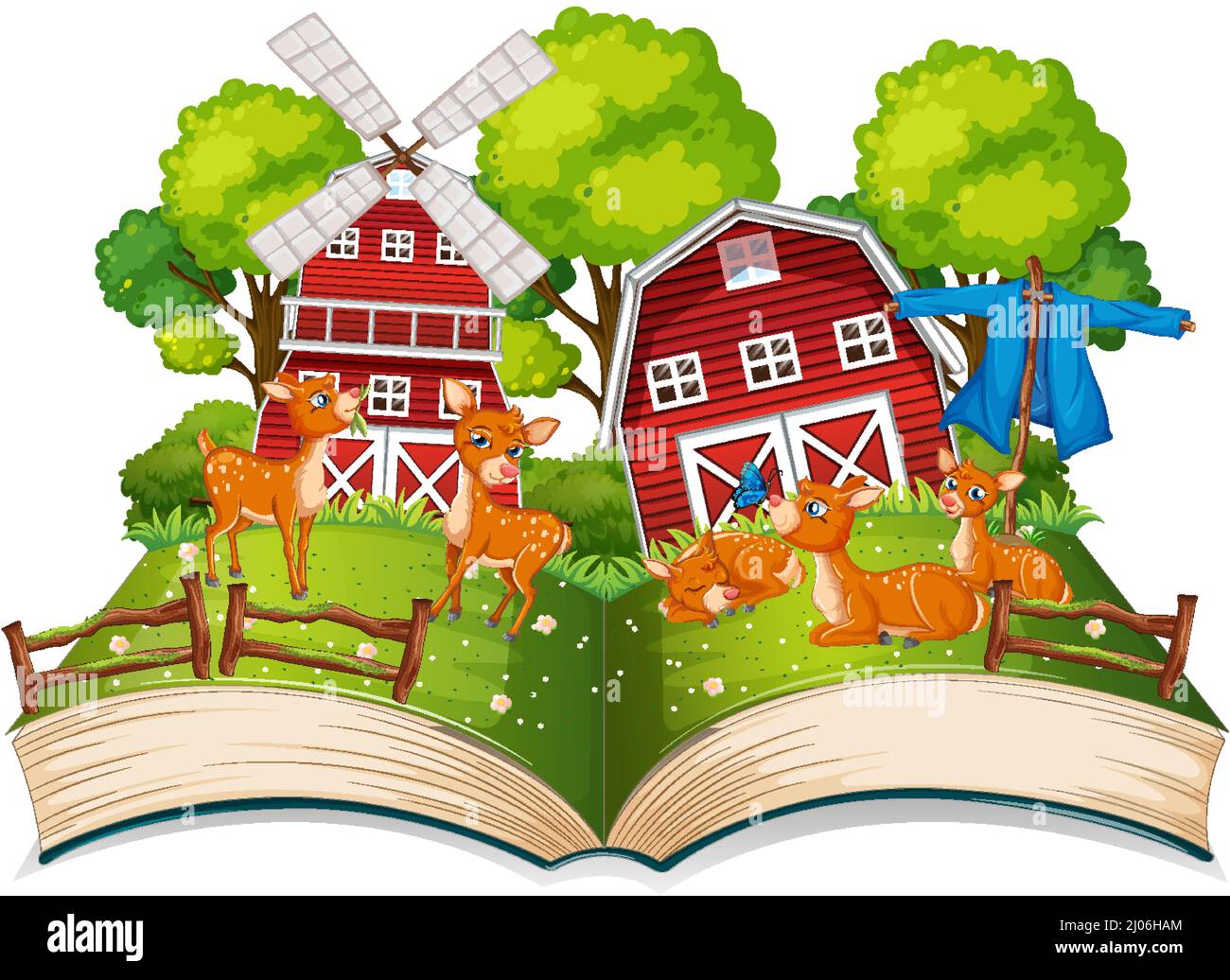 Farm scene with many deers by the barn illustration Stock Vector Image ...