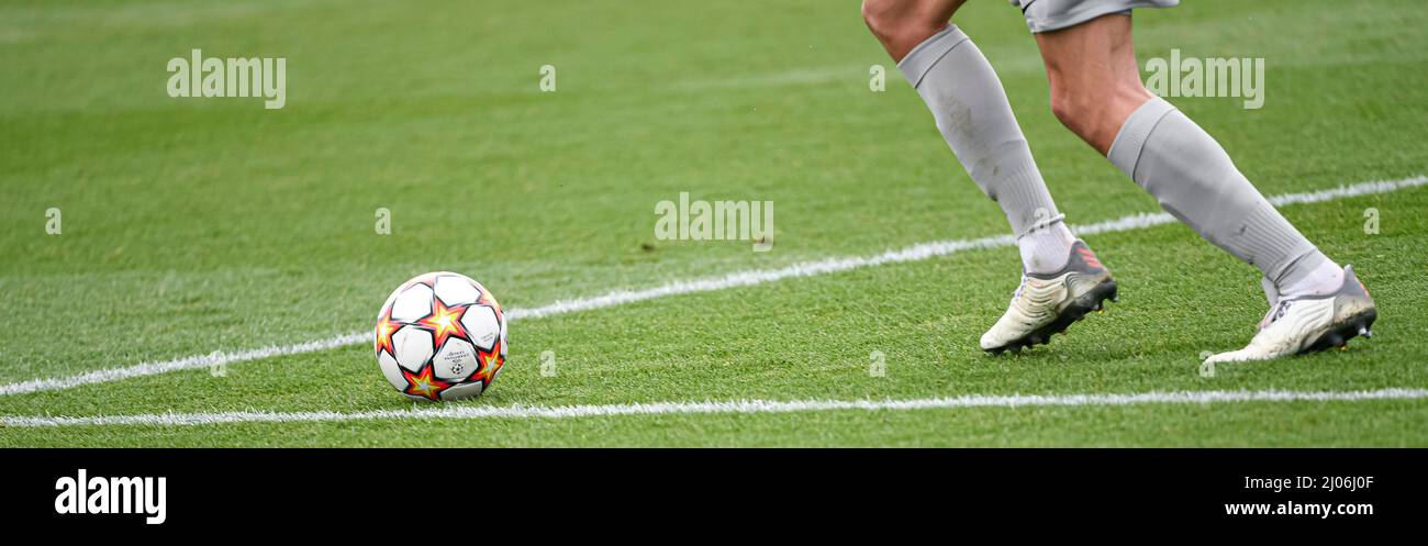 Saint Germain En Laye, France. 16th Mar, 2022. Illustration picture shows  the official Adidas Champions League ball at player's feet during the UEFA  Youth League (U19), Quarter-finals football match between Paris  Saint-Germain (