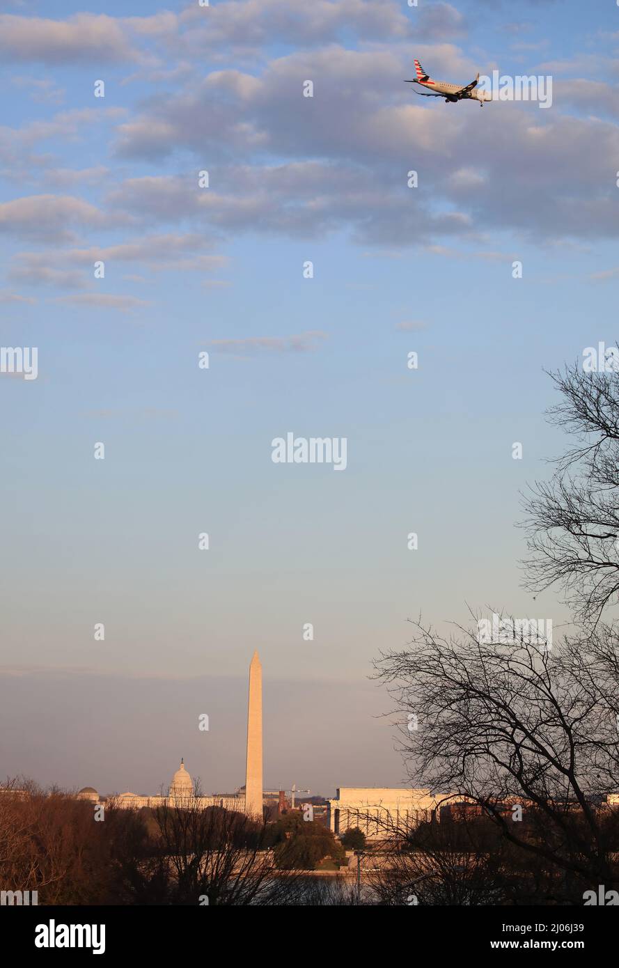 Washington DC skyline at Sunset, featuring the US Capitol building, Lincoln Memorial, the Washington Monument - Washington DC, USA. Stock Photo