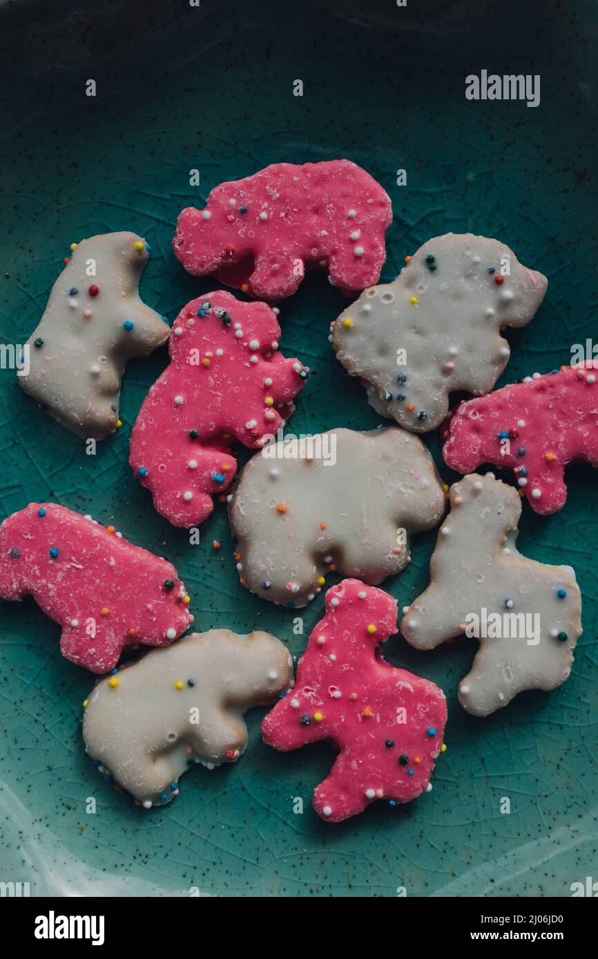 frosted Circus Animal Cookie, Pink and White Animal Crackers with