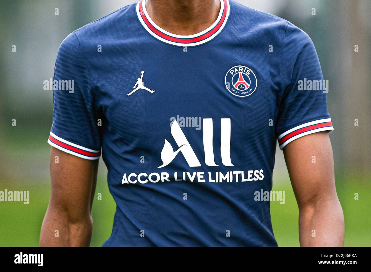 Illustration picutre shows a player wearing the blue PSG jersey (home  jersey of the 2021-2022 season, Nike Air Jordan) during the UEFA Youth  League (U19), Quarter-finals football match between Paris Saint-Germain  (PSG)