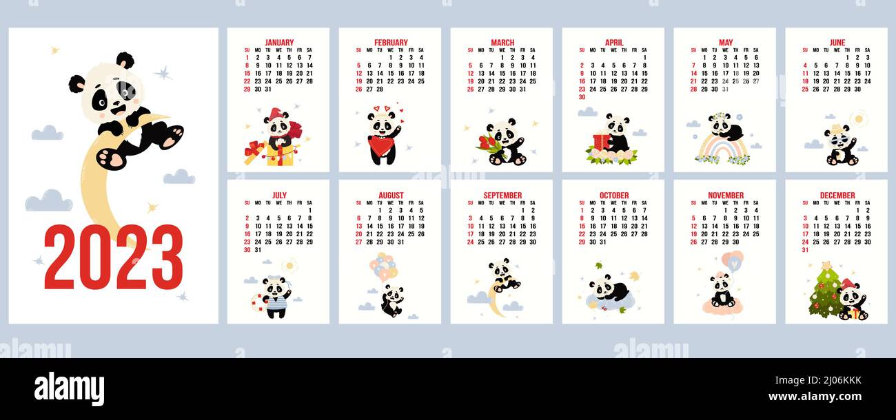 2023 Calendar Cute Annual Calendar 2023 With Cute Panda Set Of Vertical Templates For 12 Months 2023 And Cover With Bear On Moon Vector Illustration Week Starts On Stock Vector Image Art Alamy