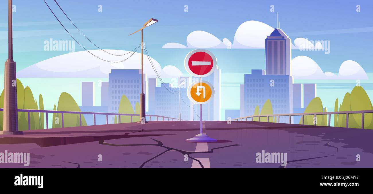 Old broken road to city with cracks in asphalt and stop sign. Vector cartoon illustration of destroyed car overpass after earthquake, turn back and not enter roadsigns and cityscape with buildings Stock Vector