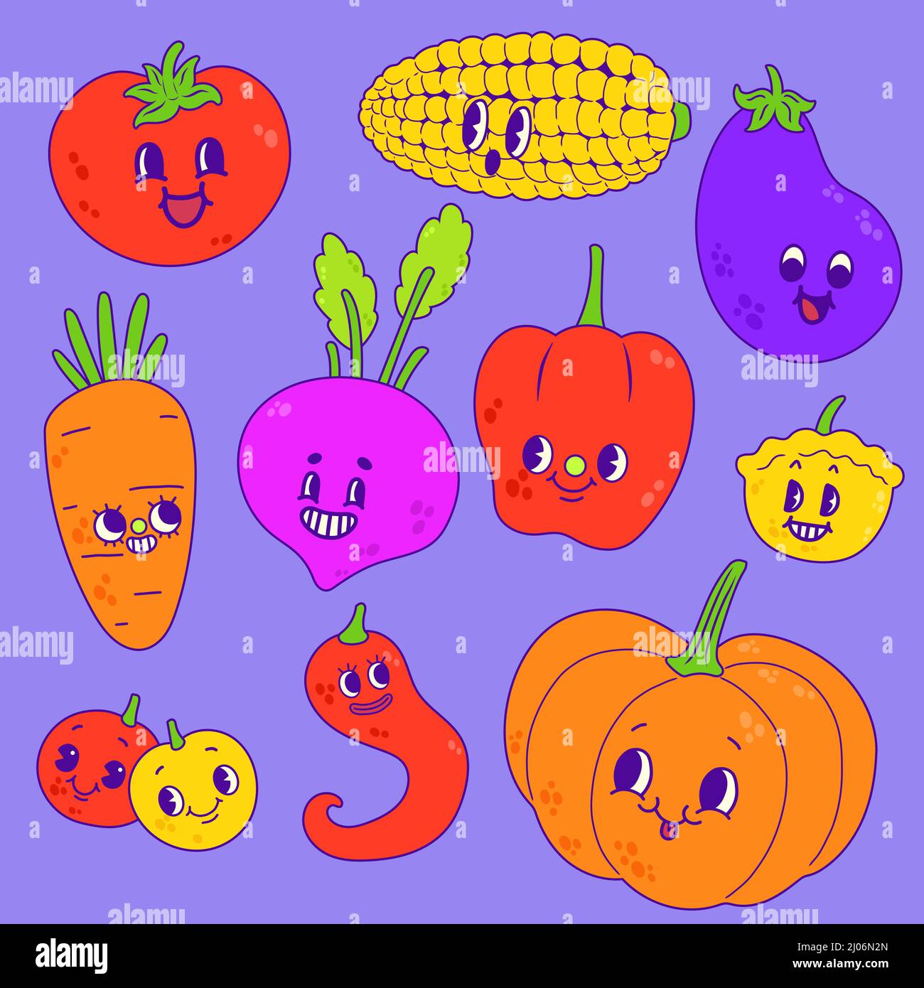 Hand drawn trendy cartoon veggies set, vector Stock Vector