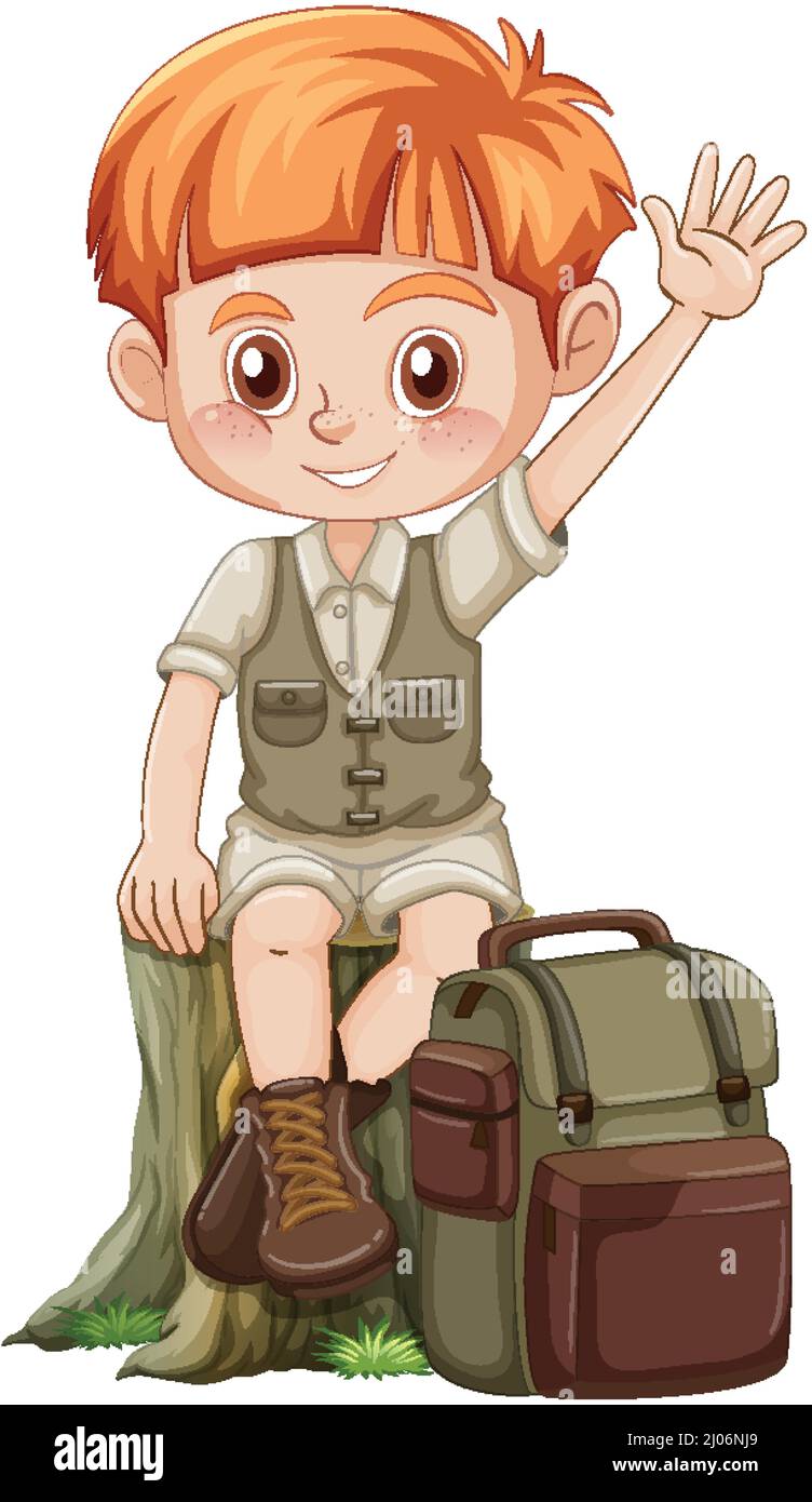 Little boy in camping outfit with backpack illustration Stock Vector ...