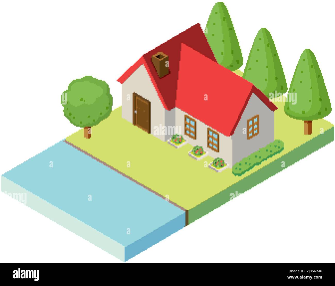 Isometric a house on land with tree  illustration Stock Vector