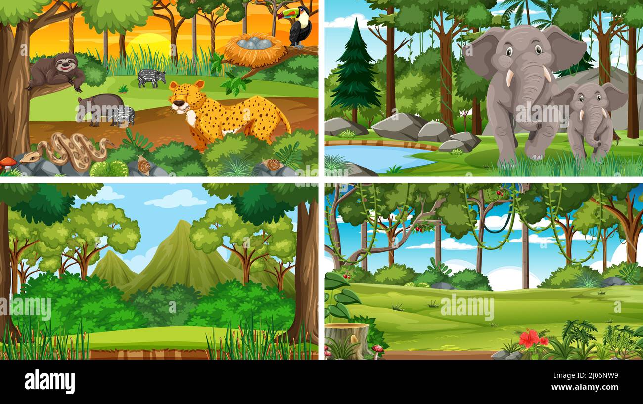 Set of nature scene with trees on mountains with Animal illustration ...