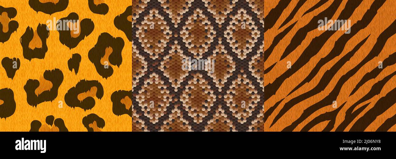 Textures of leopard, tiger and snake skin. Seamless patterns with ...