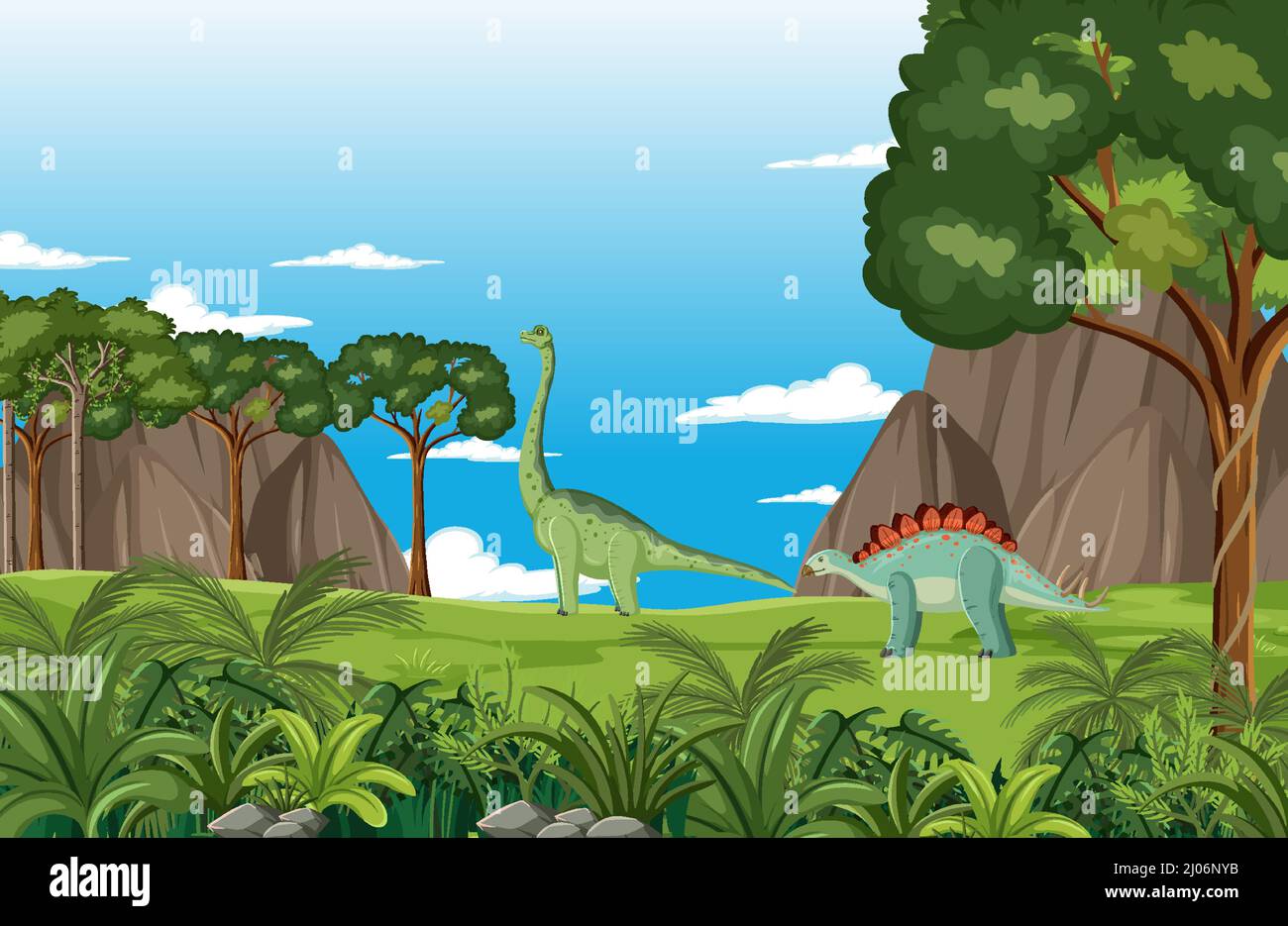 Scene with dinosaurs in forest illustration Stock Vector Image & Art ...