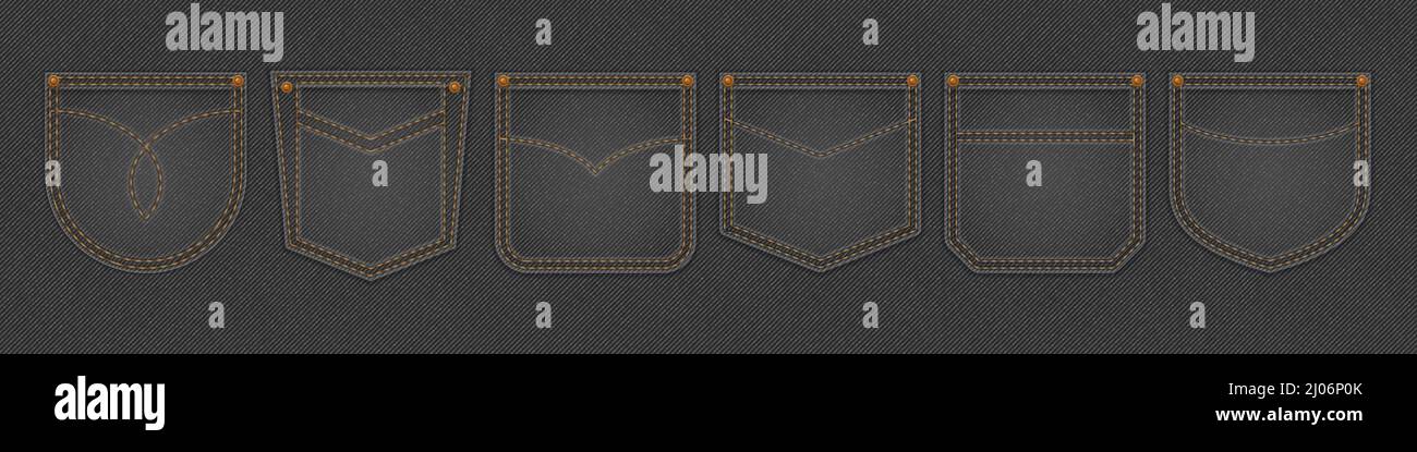 Black denim cloth texture with pockets with stitches and rivets. Vector realistic background of dark gray jean fabric with samples of different pockets for pants back Stock Vector