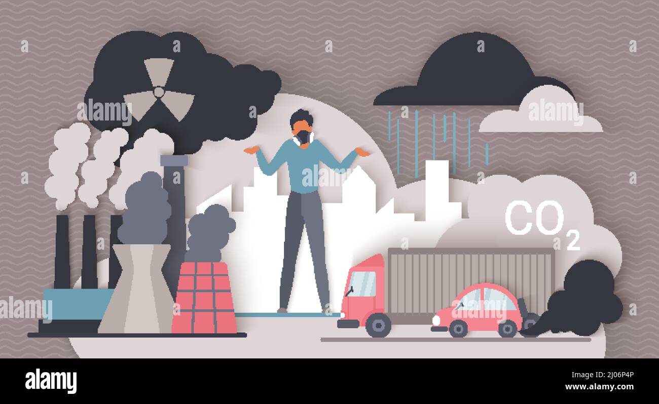 CO2 emissions. Man breathing through filter mask to reduce health effects of toxic chemical fumes from factory and transport, smog flat vector illustration. Carbon dioxide gas pollution of air concept Stock Vector