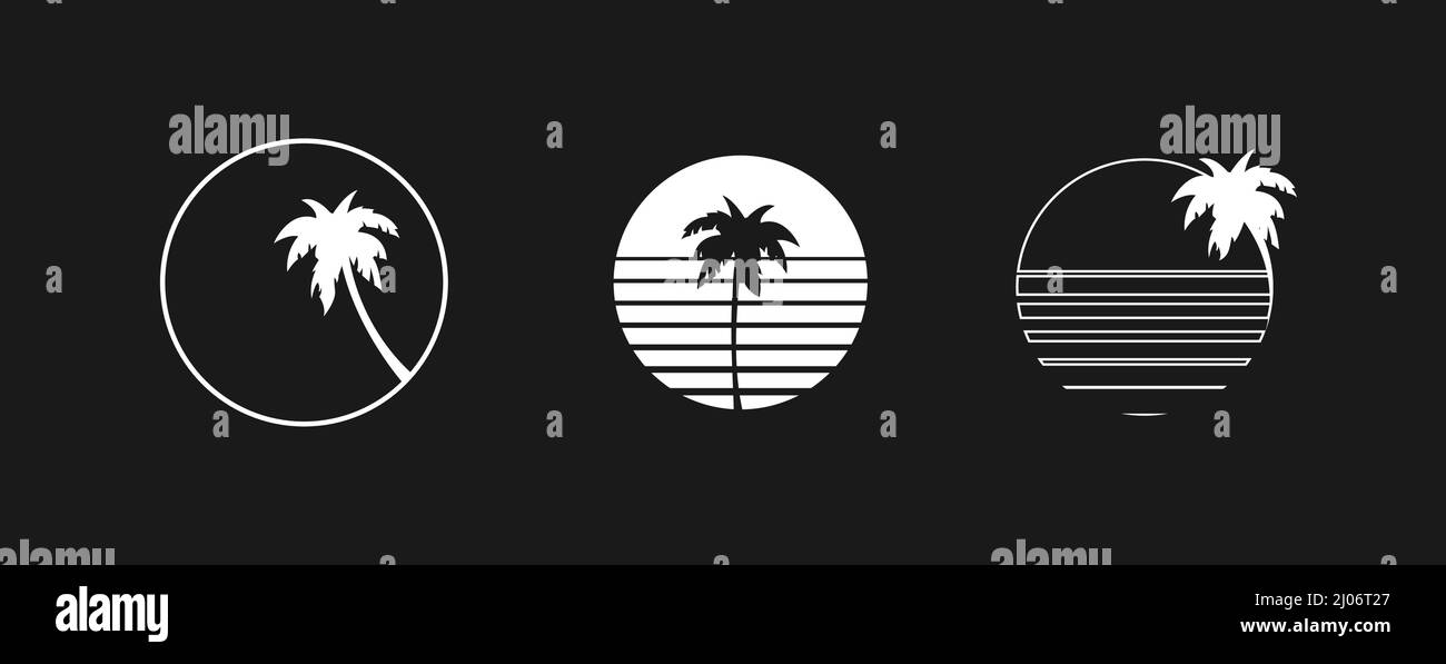 Set of retrowave design elements, sunsets. Sun with palm trees and stripes. Pack of retrowave 1980s style design elements. Vector illustratio Stock Vector