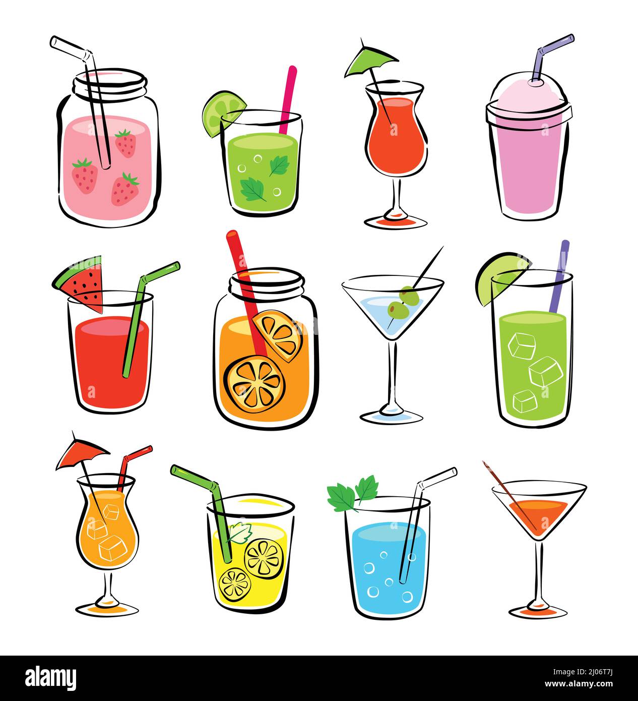 Tropical drinks summer set menu. Cold drinks with hand drawn