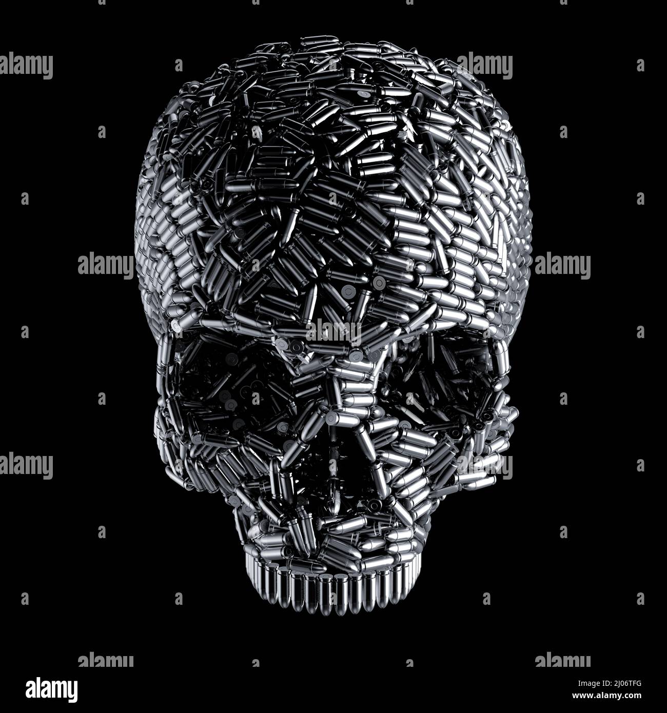 Bullet skull handgun metaphor - 3D illustration of pistol ammunition forming human cranium isolated on black Stock Photo