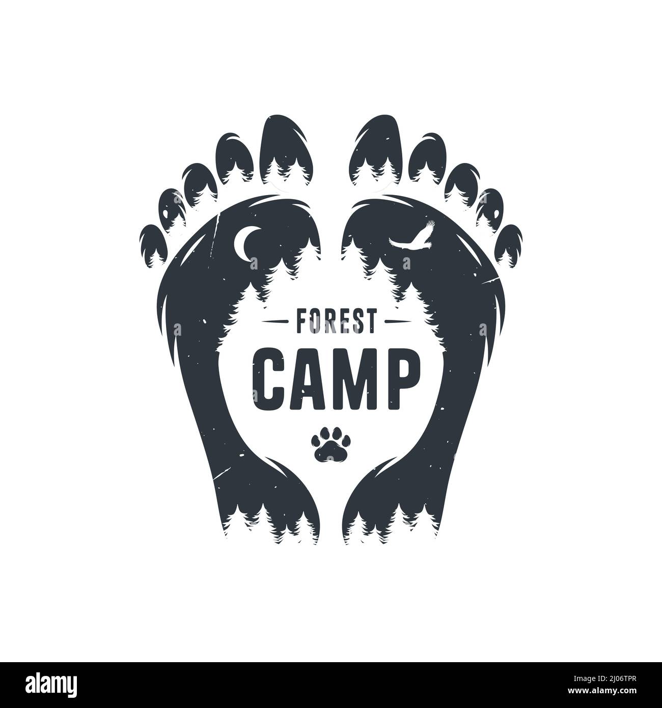 Camping footprint for travel print. Sole, pets footsteps, cat paw