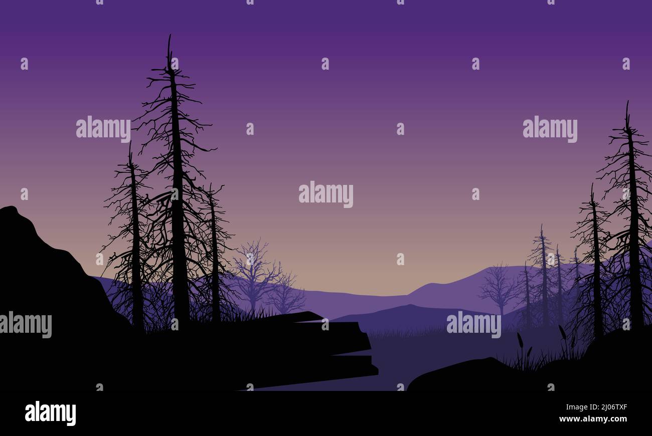 Mountain view with an aesthetic silhouette of dry fallen pine trees ...