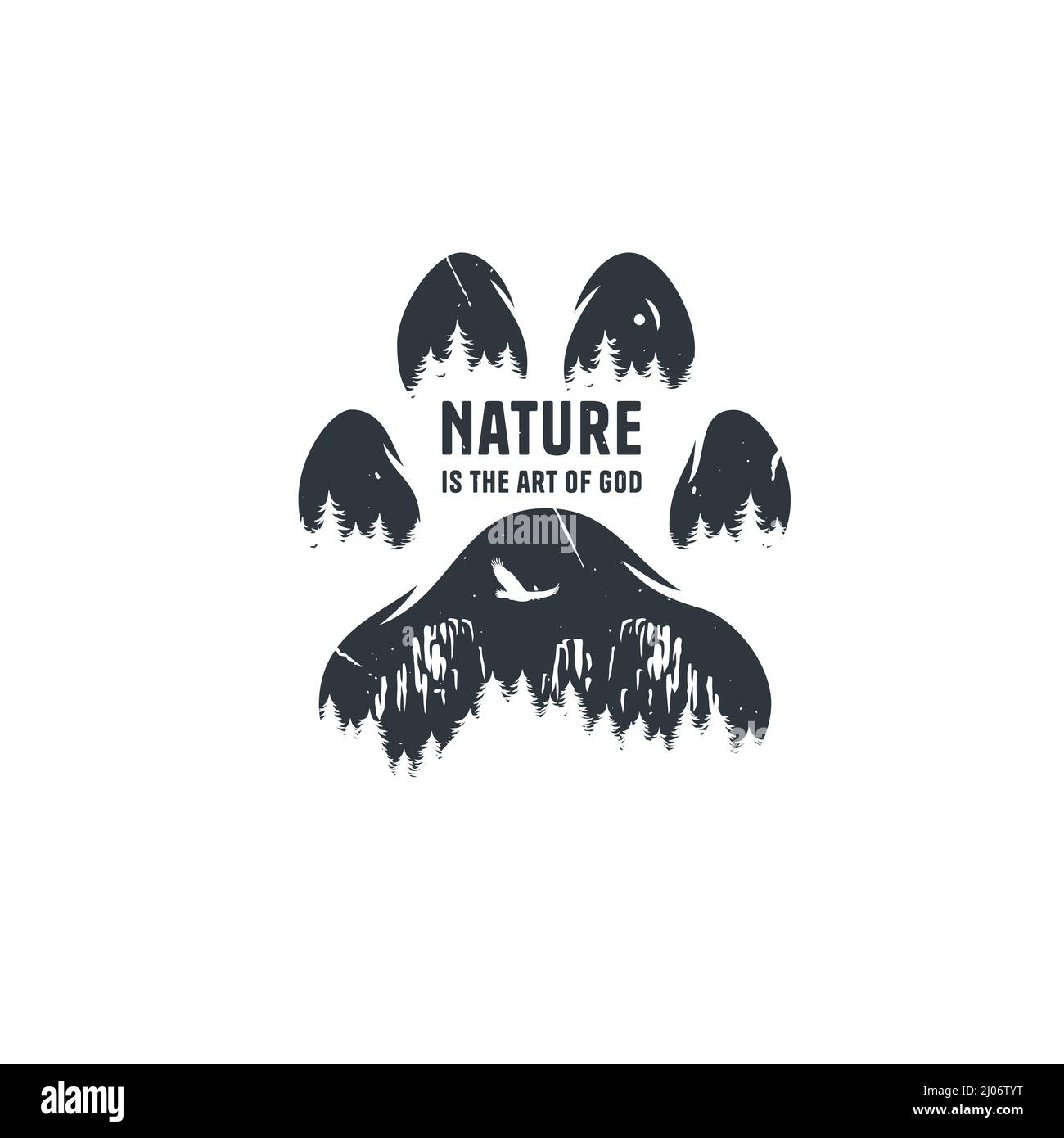 Camping footprint with cat paw or animal step and forest, mountain for