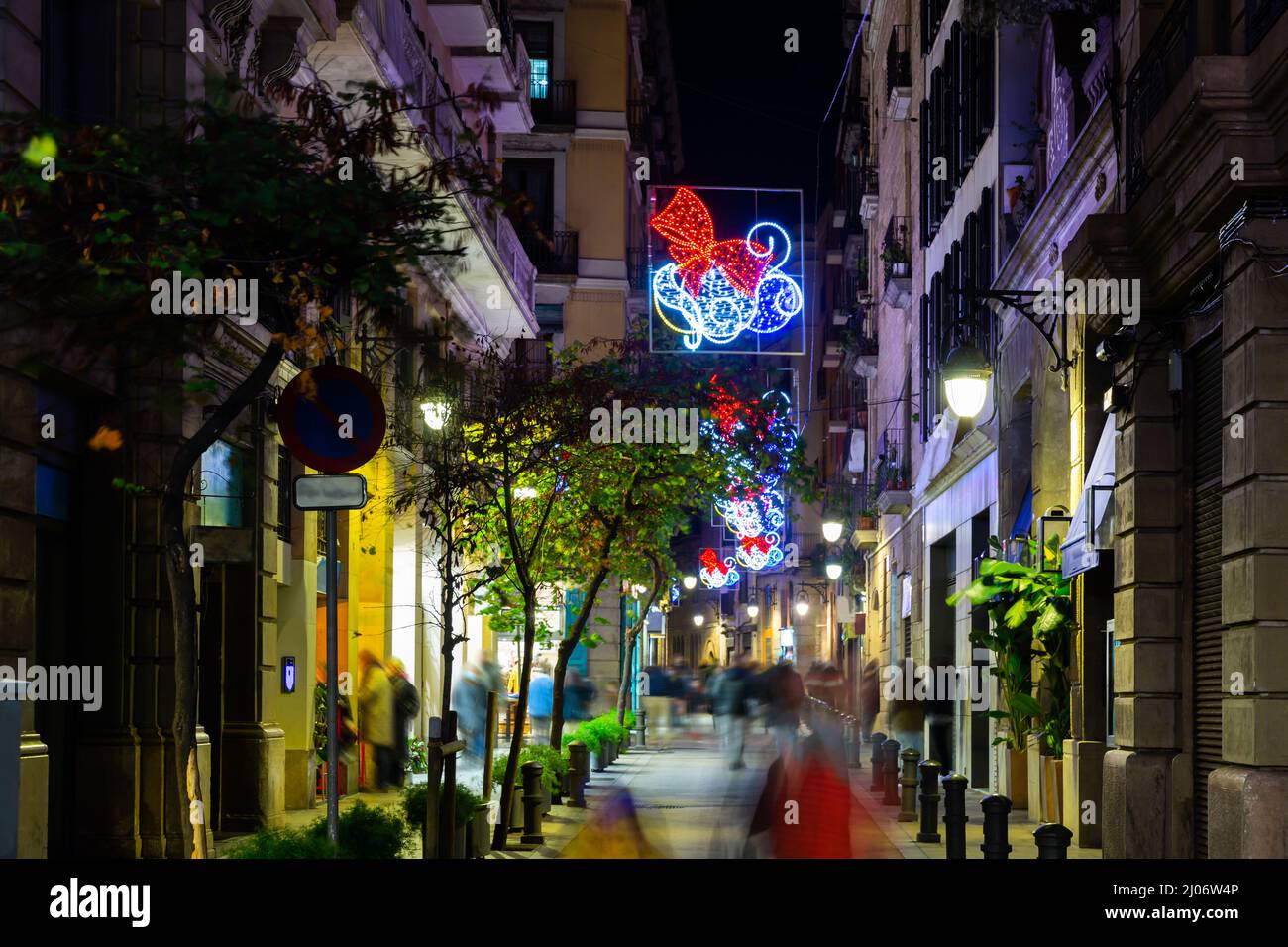 Night view of Barcelona streets in winter on celebration Christmas and New Year Stock Photo