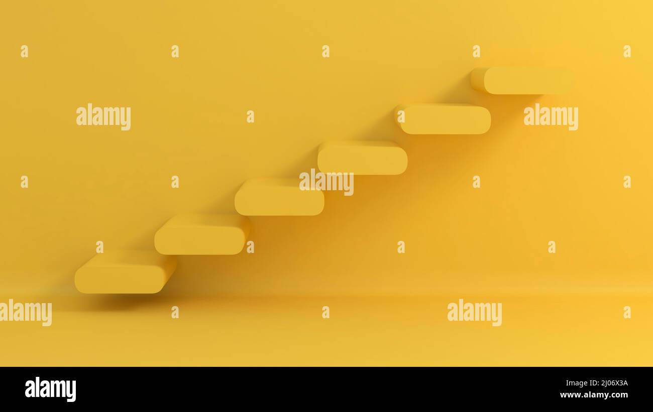 Yellow steps on blank wall. Staicase going up. 3d render Stock Photo