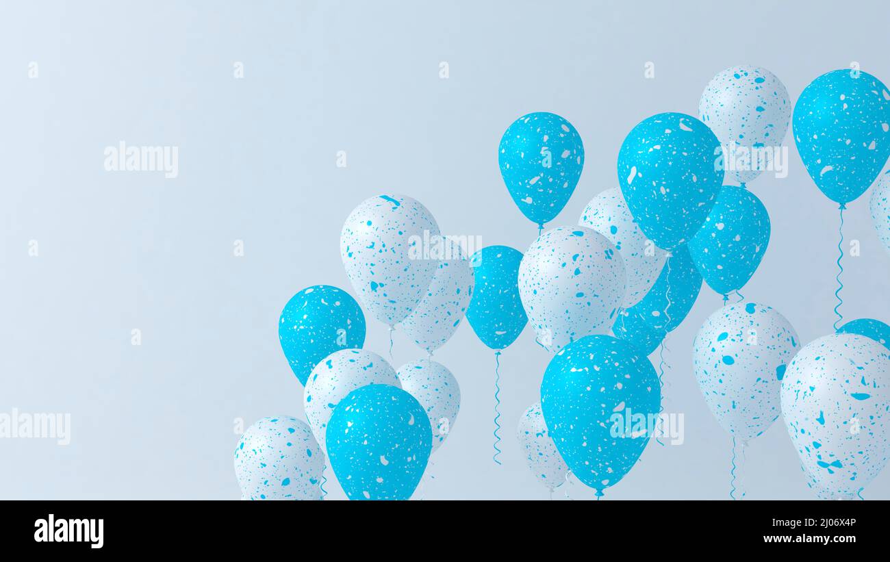 Blue and white celebration background with balloons and copy space. Stock Photo
