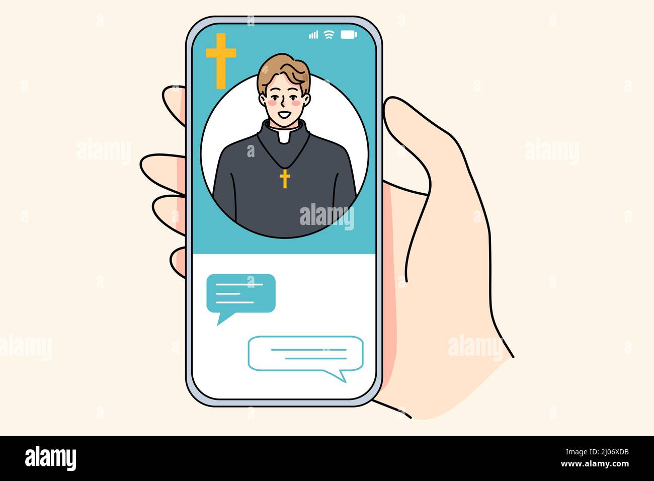 Person hold cellphone have video call with priest. Human talk speak on webcam event with monk or preacher. Concept of online religion service or application. Vector illustration.  Stock Vector