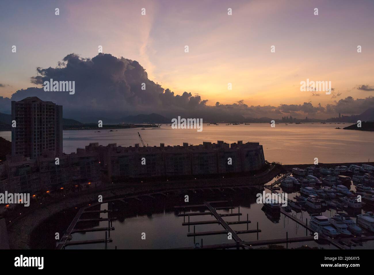 Sunrise seen from a highrise apartment block overlooking Discovery Bay