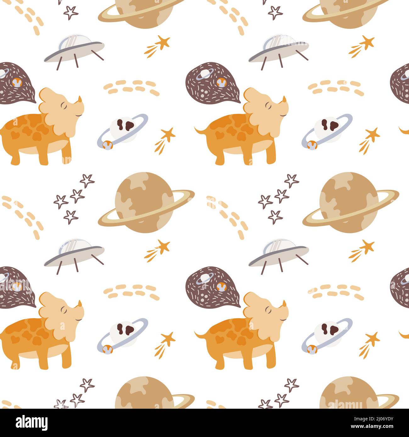 Seamless pattern with cute dinosaurs in space. Dinosaurs drawn in a ...
