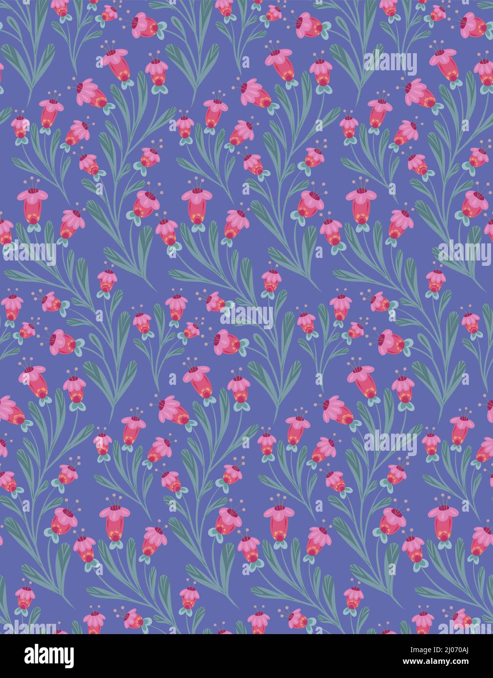 Seamless pattern with small red flowers on curled stems with folk arts ...
