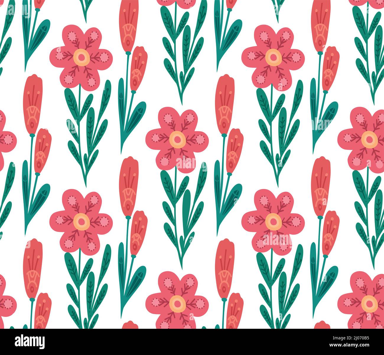 Seamless vector pattern with simple flowers with folk arts on white ...