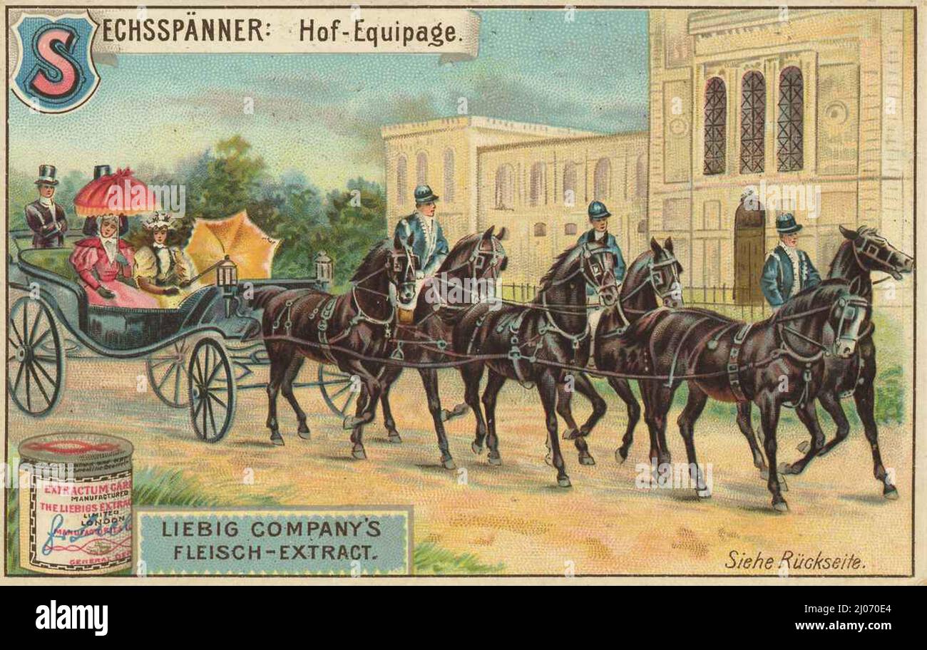 Serie Kutschen und Gespanne, Sechsspänner, Hof-Equipage  /  Series carriages and carriages, six-in-hand, court equipage, digital improved reproduction of a collectible image from the Liebig company, estimated from 1900, pd  /  digital verbesserte Reproduktion eines Sammelbildes von ca 1900, gemeinfrei Stock Photo