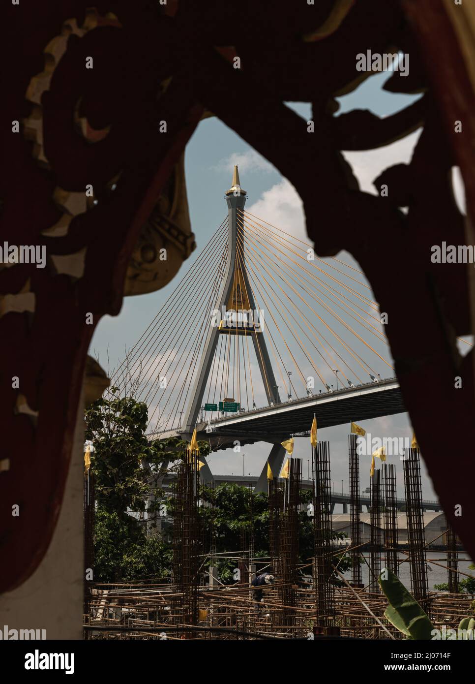 Bangkok, thailand - 12 Mar, 2021 : Bhumibol suspension bridge cross over Chao Phraya River at afternoon. Is one of the most beautiful bridges in Thail Stock Photo