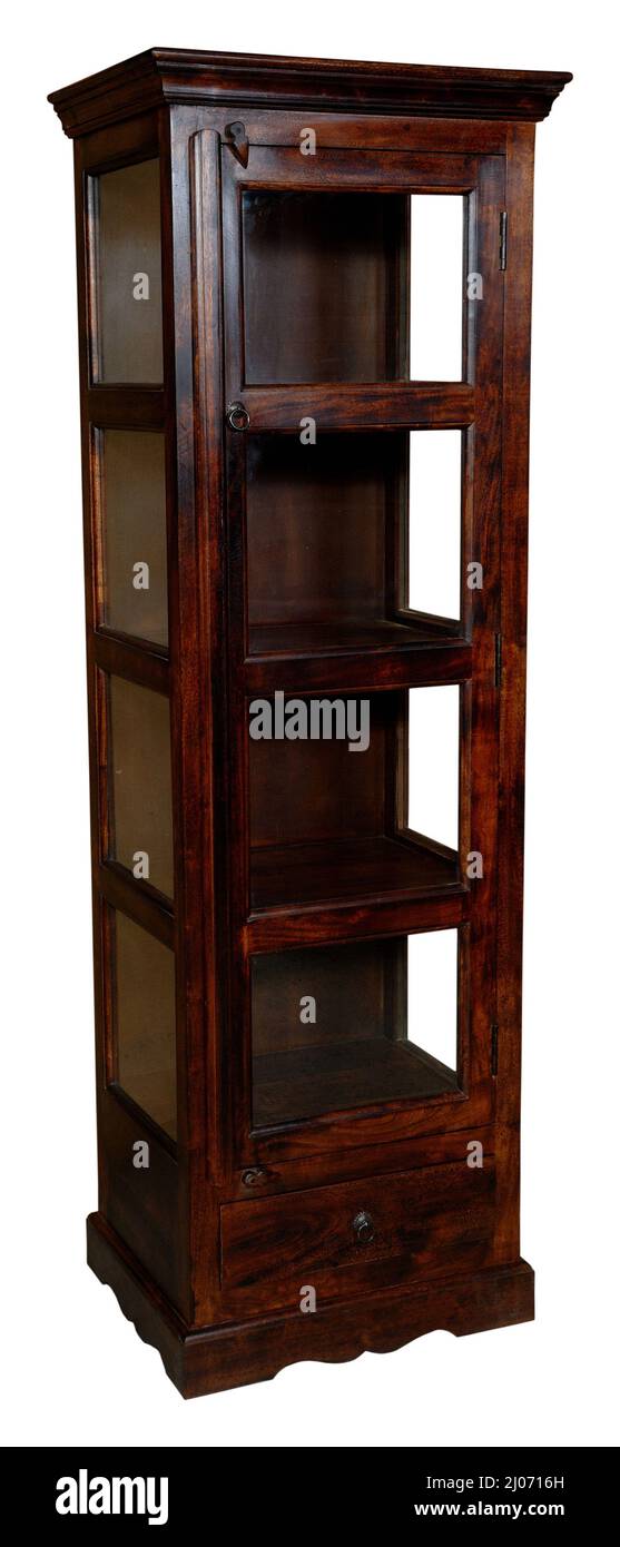 Brown tall cupboard with glass door Stock Photo Alamy