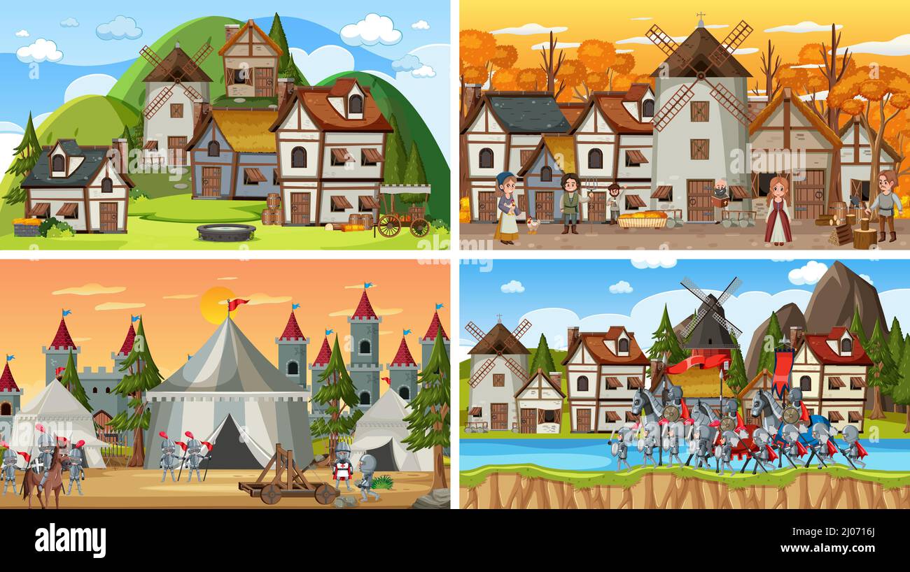 set-of-different-scene-medieval-illustration-stock-vector-image-art