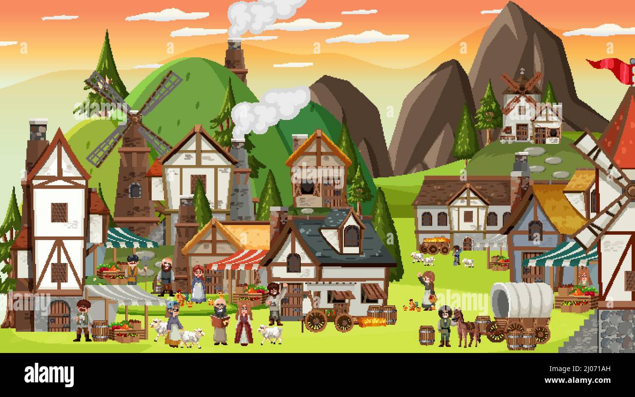 Medieval town scene with villagers illustration Stock Vector Image ...