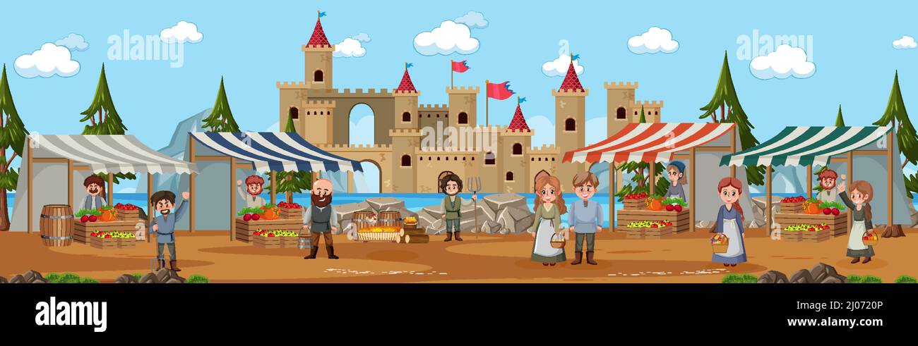 Medieval town scene with villagers at the market illustration Stock ...