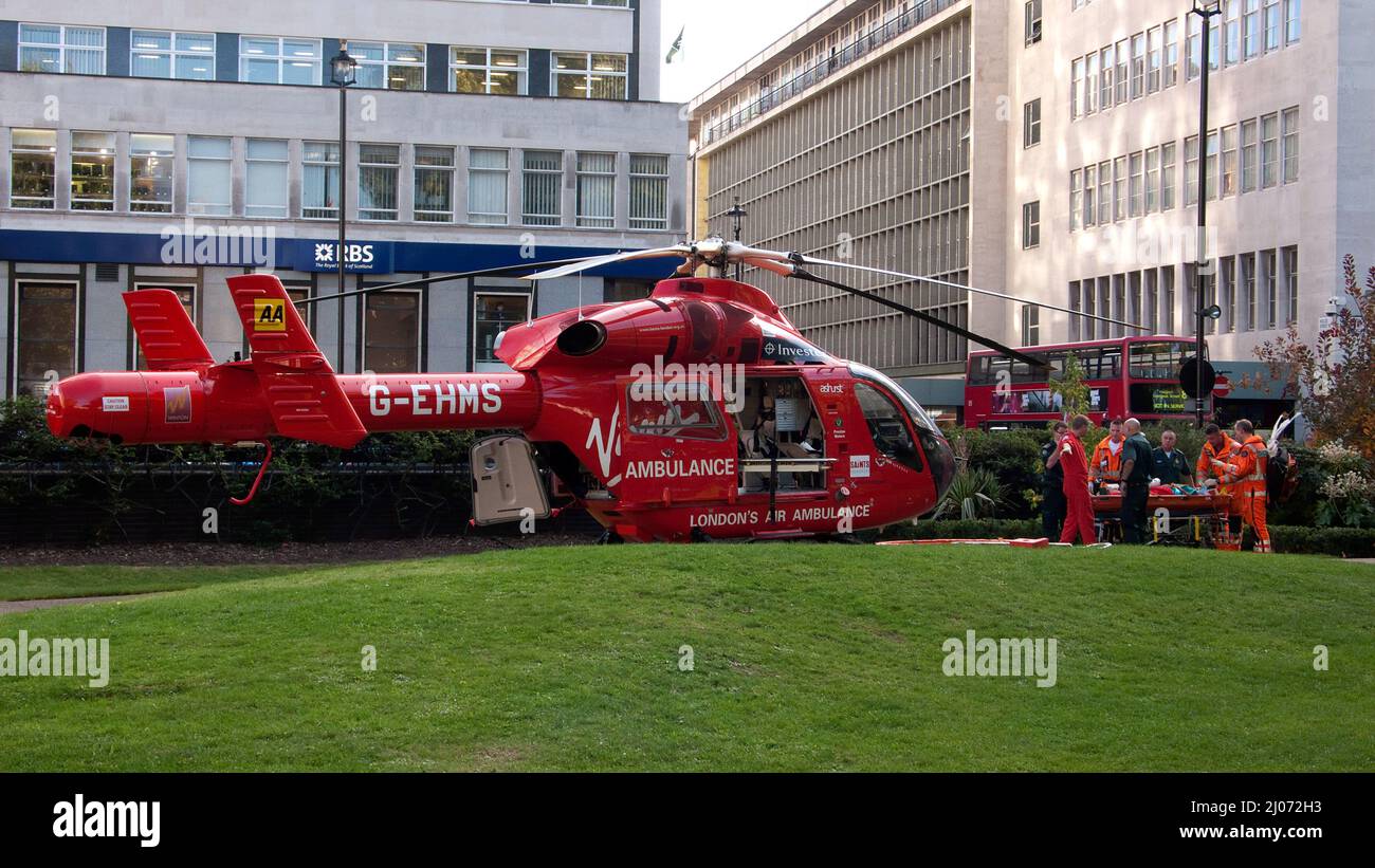 London Air Ambulance in Cavendish Gardens London W1 collecting an