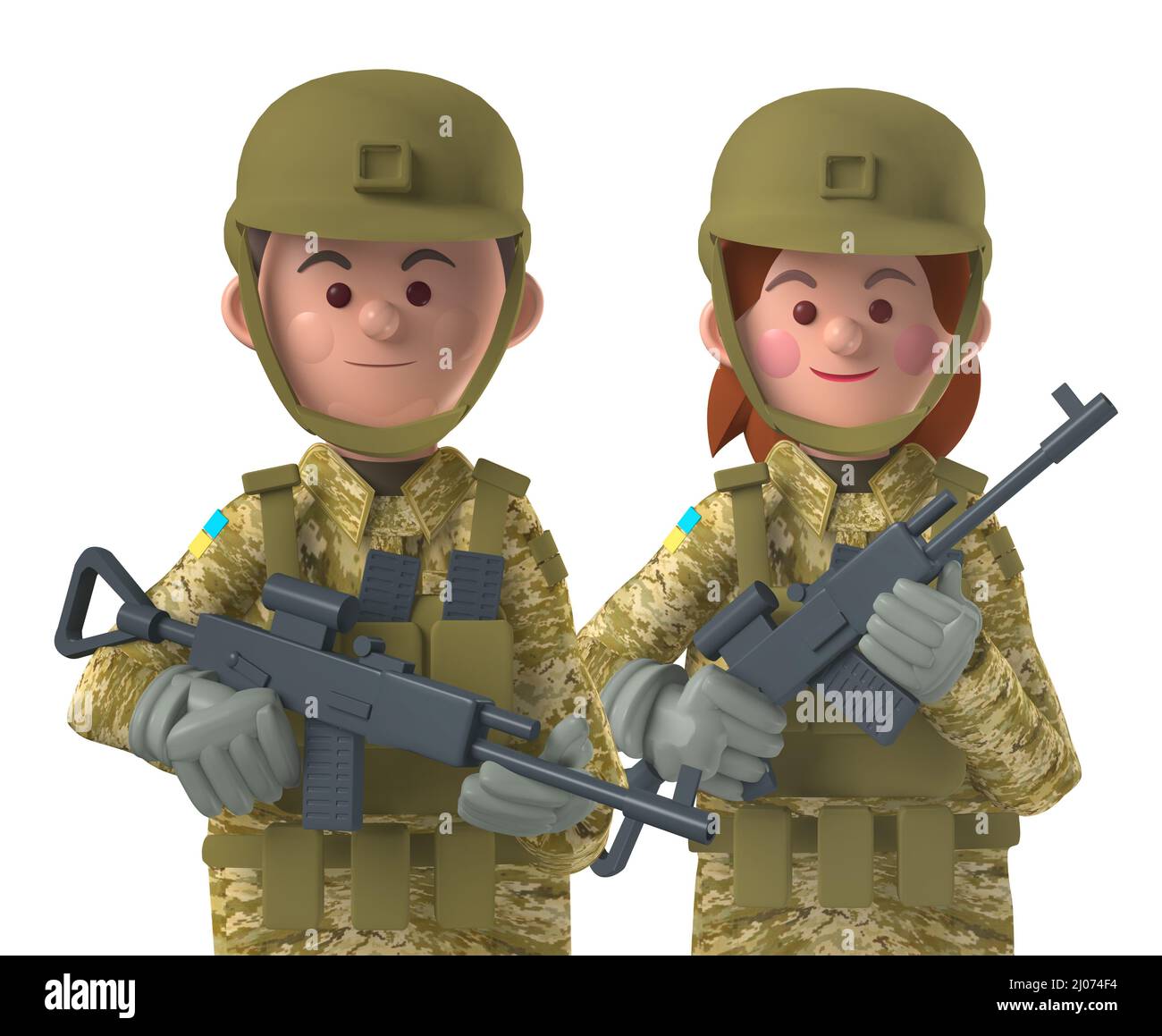 Cartoon character 3d avatar Ukrainian male and female soldier together in combat gear isolated on white Stock Photo