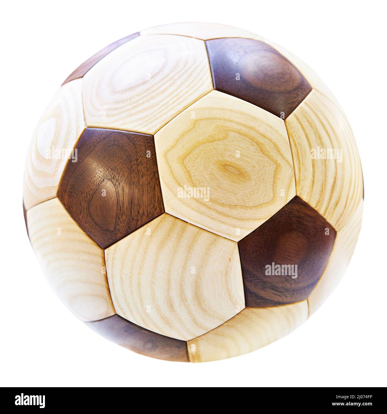 Wooden soccer ball gift symbol isolated white Stock Photo