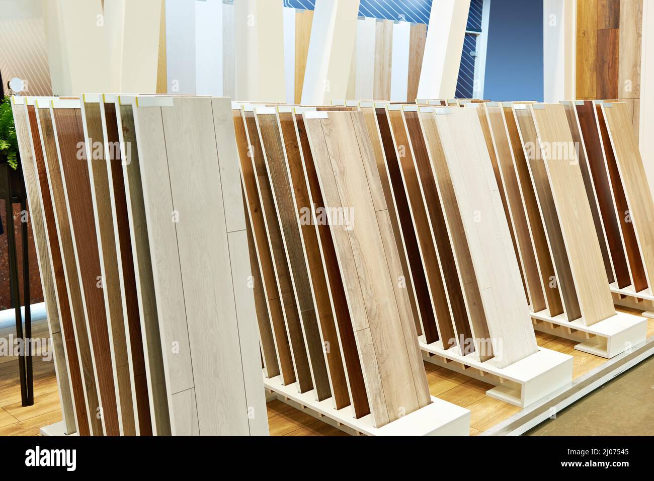 Decorative wooden panels on the floor and walls in the store Stock Photo