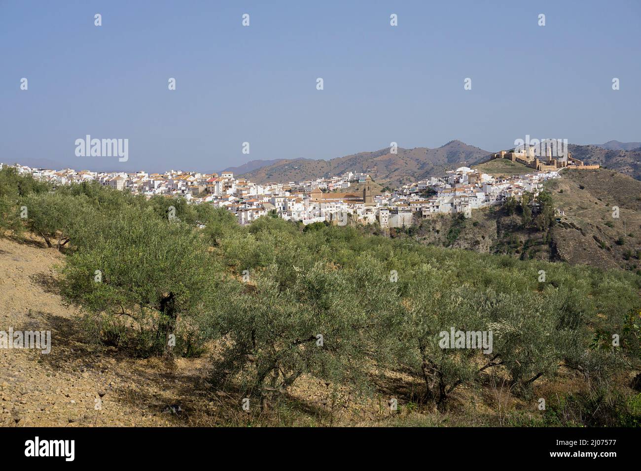 The white village Alora with the arabic castle, Alora, pueblo blanco, Malaga province, Andalusia, Spain Stock Photo